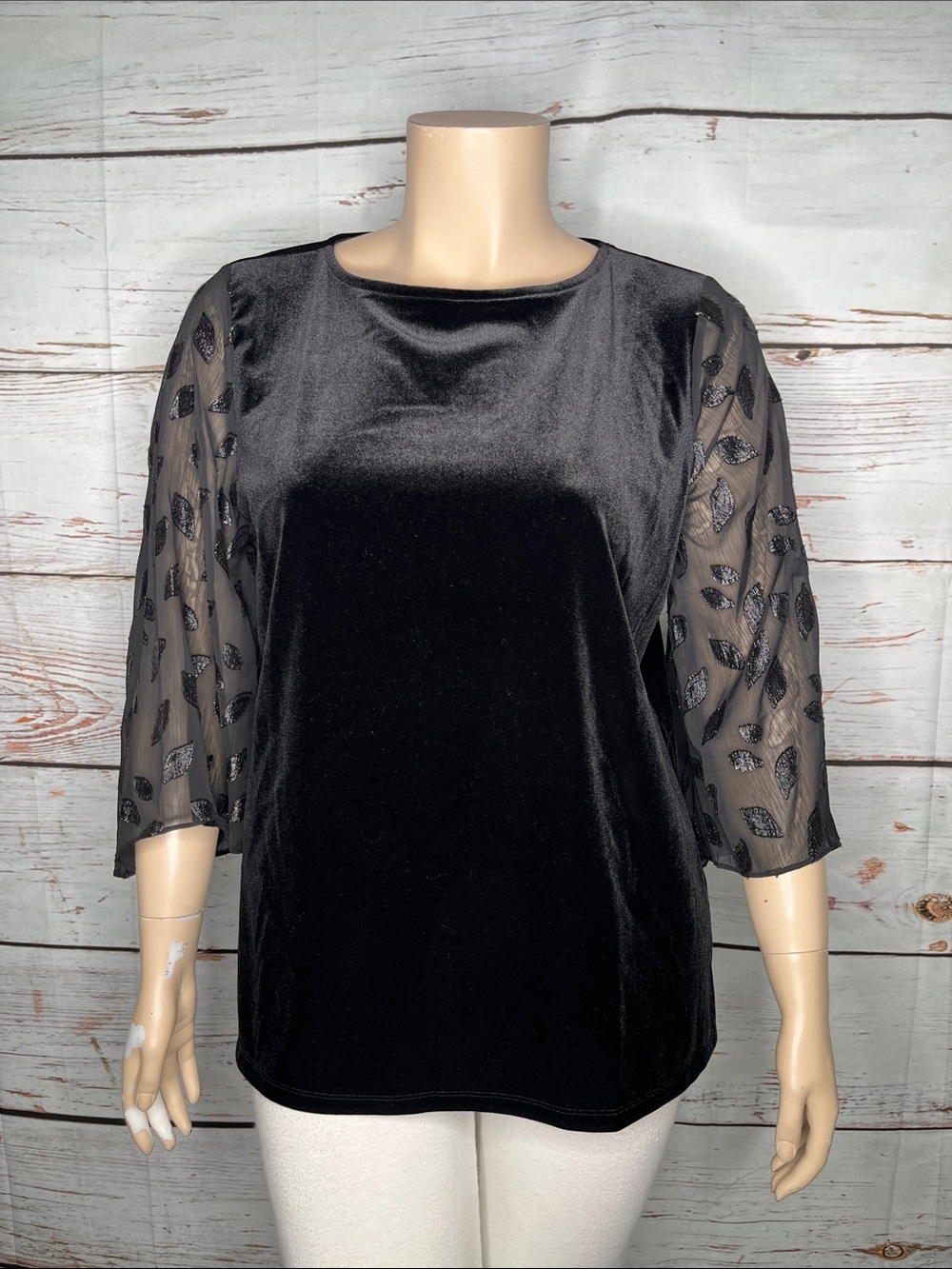 Kasper NWT Size XL Black Velvet - Sheer Flocked Sleeve Blouse Top